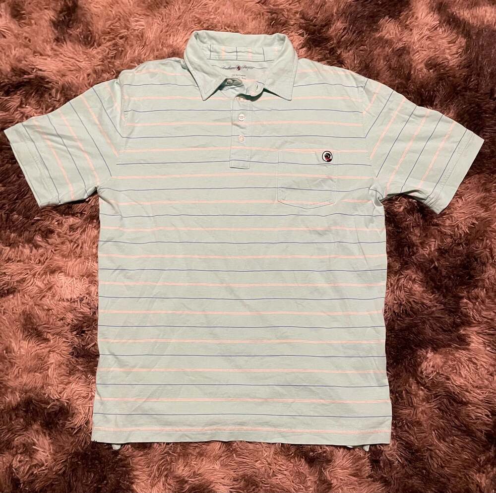 Southern Proper Men's Light Blue and White Striped Polo Shirt with Pocket